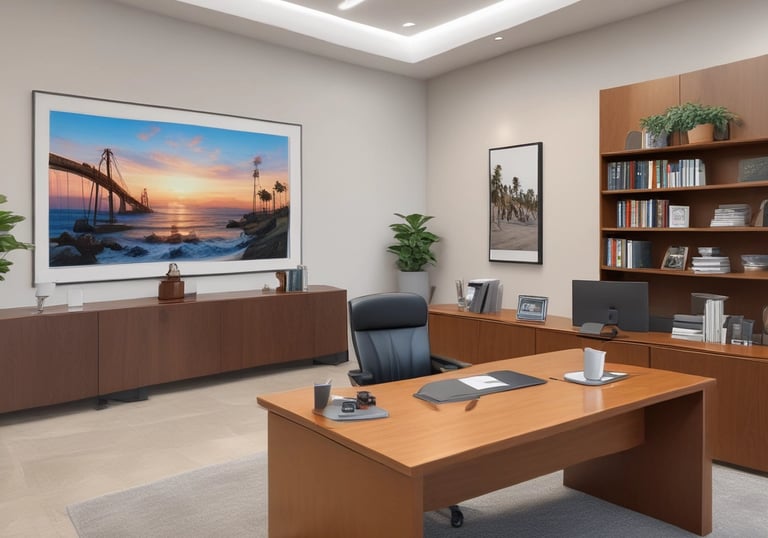 a large attorney or lawyer office with a desk and a tv