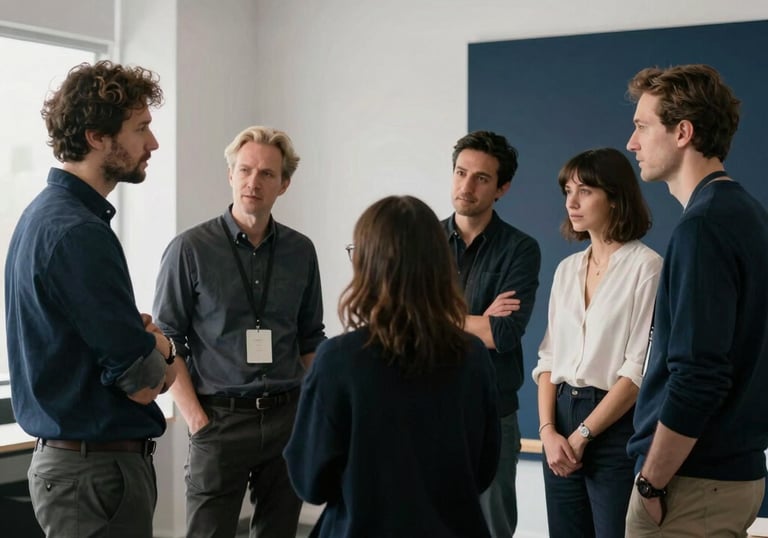A group of professional creative experts collaborating in a modern studio with white walls and navy accents, Global / International.