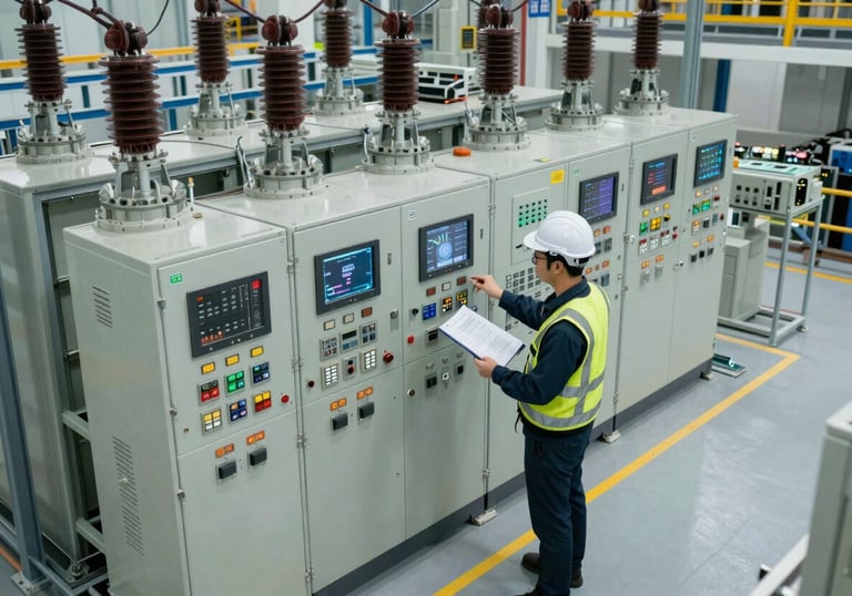 An eye-level photography shot of a professional engineer inspecting a massive electrical grid control unit in a modern tech hub, Global / Industrial.