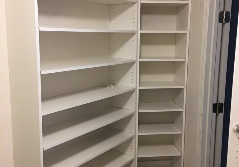 white walk-in closet shelves.