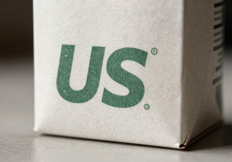 A photography shot of an auto-lock bottom carton standing on a clean surface. The packaging features a professional sage green logo on off-white recycled board. North American / US product style.