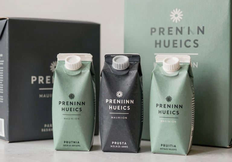 A group of premium straight tuck end cartons in varying sizes, featuring minimalist charcoal and sage green branding. Sharp focus, clean lighting, North American / US packaging design.