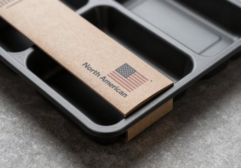 A custom die-cut packaging tray and sleeve assembly shown from a high angle. The construction shows precision edges and high-quality printed textures. North American / US retail style.