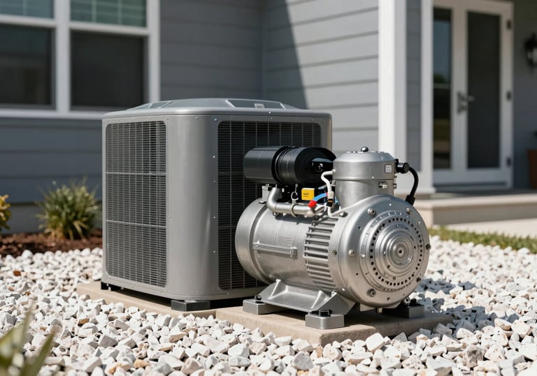 A shiny new HVAC compressor unit installed outdoors next to a modern North American / US home, surrounded by cloud white gravel.