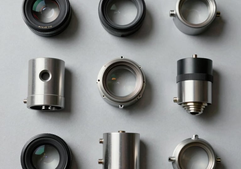 A minimalist, top-down photograph of various non-standard hardware parts arranged on a light grey surface. The parts show a variety of finishes and shapes, reflecting the factory's versatility and custom development capabilities.