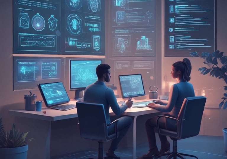 Abstract digital network with glowing nodes and circuit traces in midnight blue and bright tech accents.