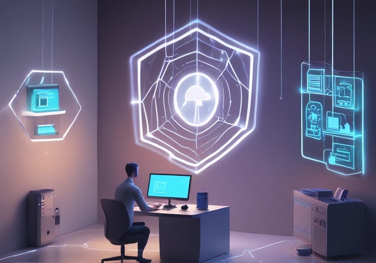 Stylized atom-inspired graphic with interconnected molecules glowing against a charcoal background.