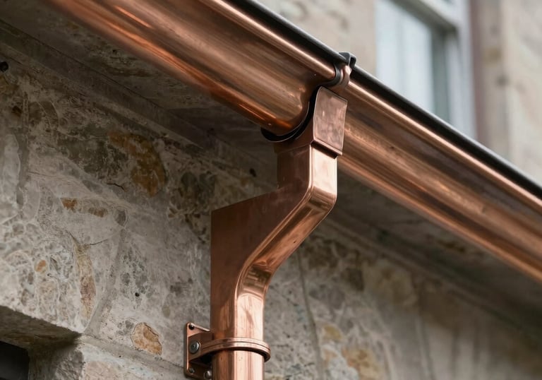 A close-up of a new copper gutter system installed on a stone building, highlighting the precise joints and polished finish, professional photography.