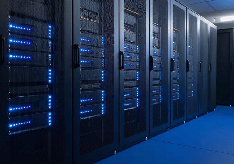 A clean, modern server room representing digital infrastructure, with soft steel blue lights blinking on the equipment and a deep slate blue floor.