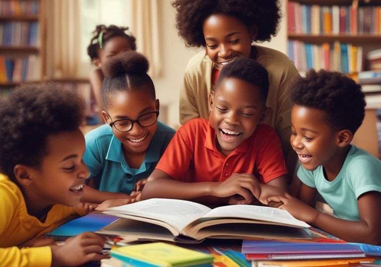 A group of children engaged in a lively storytelling session inside the cozy common room.