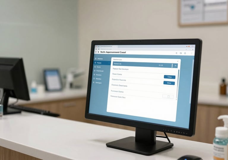 An organized and clean veterinary clinic reception area in a North American / US city, showing a computer screen with an appointment booking interface in soft slate blue colors.