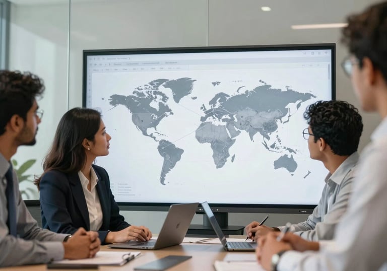 A group of professionals in a modern South Asian conference room, collaborating over a digital whiteboard showing global map connections, professional and focused energy.