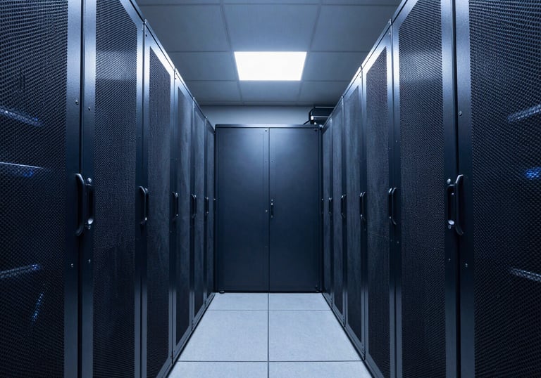 Professional photography of a clean, modern data center aisle in North America with brushed metal panels and soft navy blue lighting, symmetrical composition.