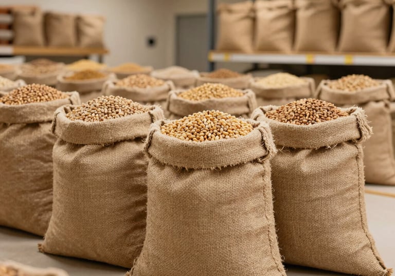 A refined image showing burlap sacks of premium heritage grains in a clean, modern storage facility with muted gold lighting. The image emphasizes texture, quality, and high-end organization.