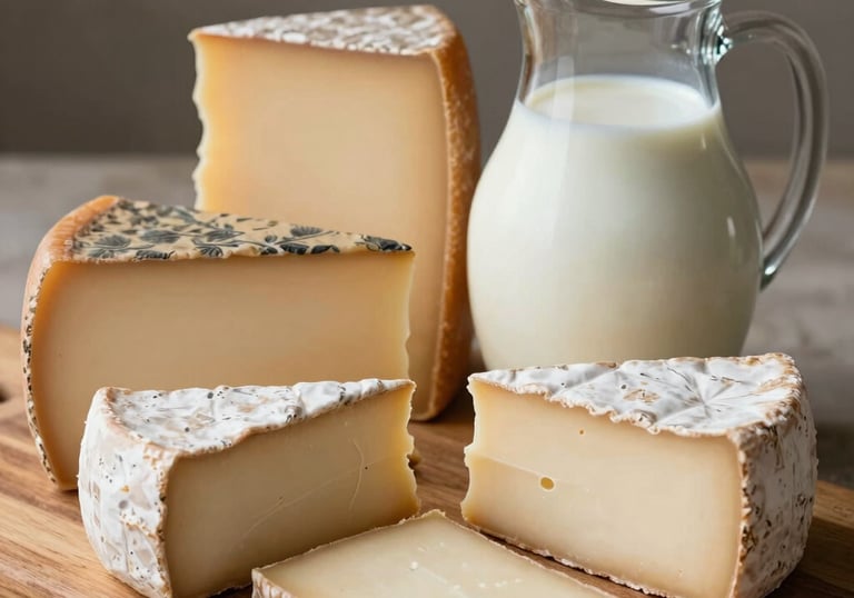 An elegantly composed close-up photograph showcasing a selection of artisanal dairy products. Featuring a variety of aged cheeses on a wooden board, accompanied by a ceramic pitcher of fresh, creamy milk. Soft, diffused natural light illuminates the scene, emphasizing the rich textures and inviting quality of the produce. The style is premium, rustic, and sophisticated, reflecting high-quality agricultural sourcing in a North American / International context.