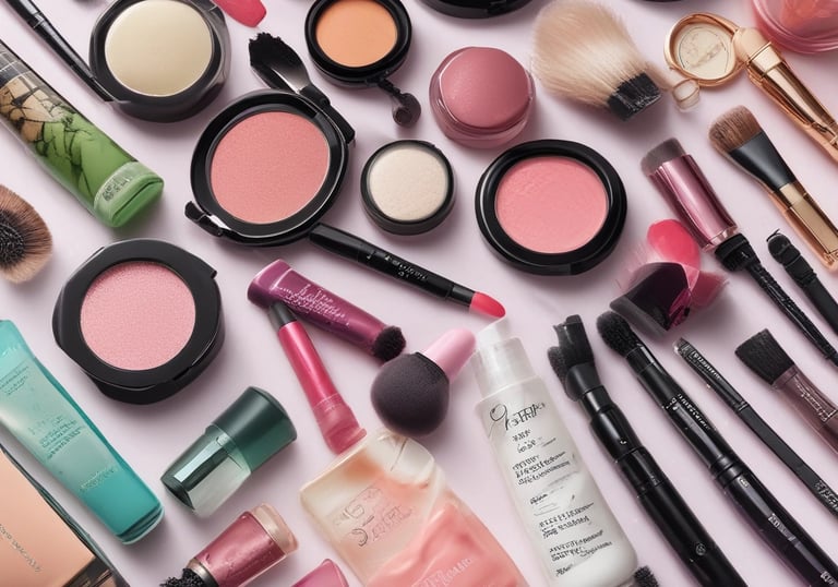 Close-up of colorful makeup products neatly organized on shelves.