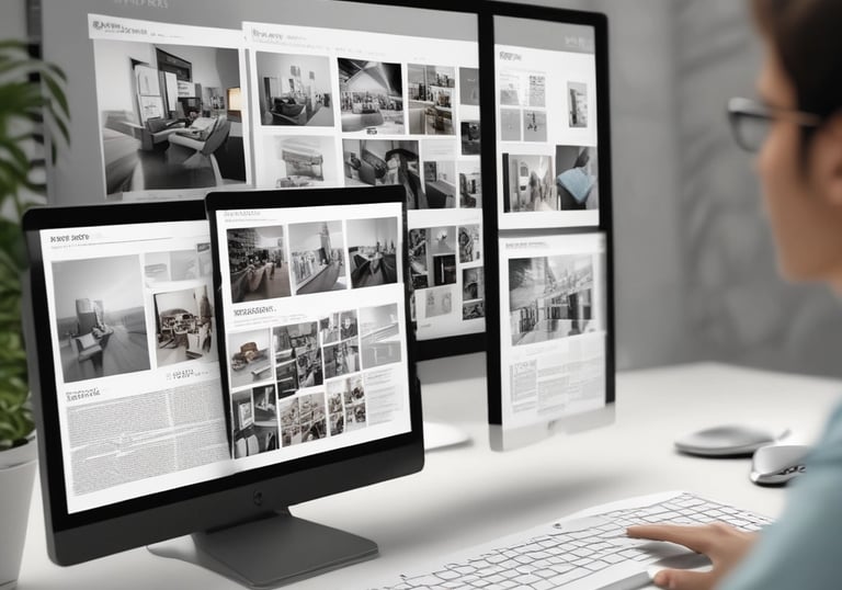 A user happily browsing makeup products on a laptop with a visible chat icon.