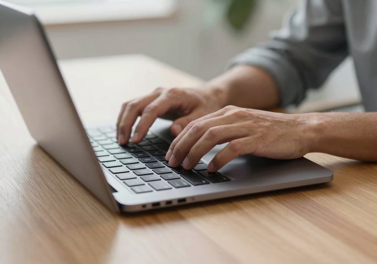A close-up of a person's hands typing on a slim, metallic laptop on a minimalist wooden table in a bright North American office.