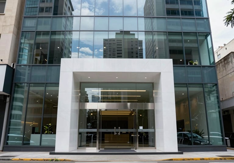 High-resolution photo of a finished commercial glass project in a South American / Brazilian city, featuring a sleek entrance with ice white and steel blue reflections.
