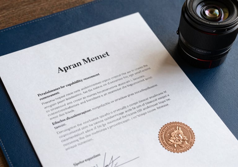 A close-up of a professional capability statement document featuring authoritative typography and a seal, resting on a navy blue leather desk mat.