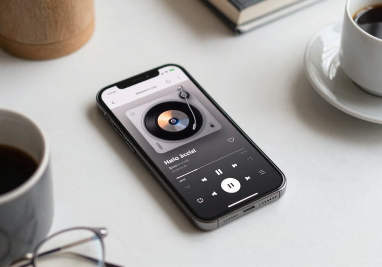 A flat lay of a smartphone showing a radio player app, surrounded by lifestyle items on a light #F8F9FA desk, modern and inviting.