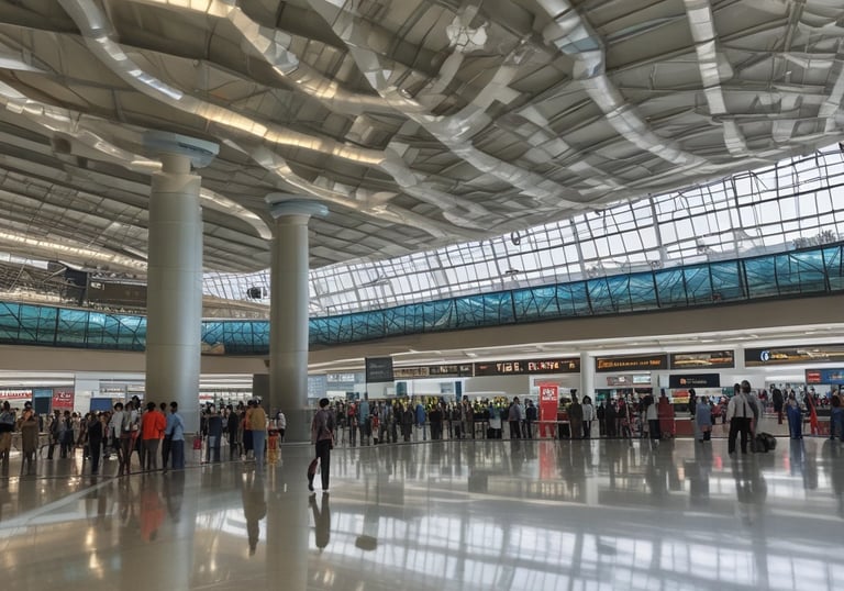 Aerial view of a modern residential housing complex near an international airport.