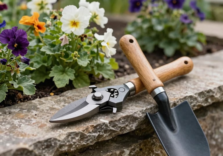 A set of high-quality garden shears and a wooden-handled trowel resting on a rustic stone wall next to flourishing flowers in a serene North American / US garden.