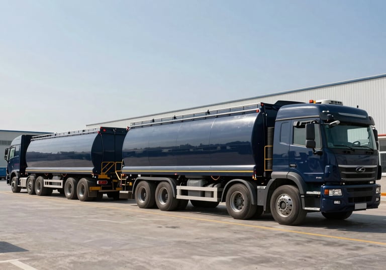 Wide shot of a professional chemical distribution warehouse in a Middle Eastern / Turkish setting. Large dark navy blue trucks are being loaded with chemicals. Clear sky, bright daylight.