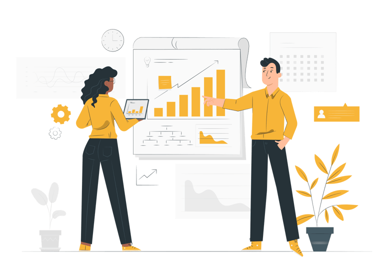 Two business professionals analyzing data charts and growth graphs for strategic planning and reporting.