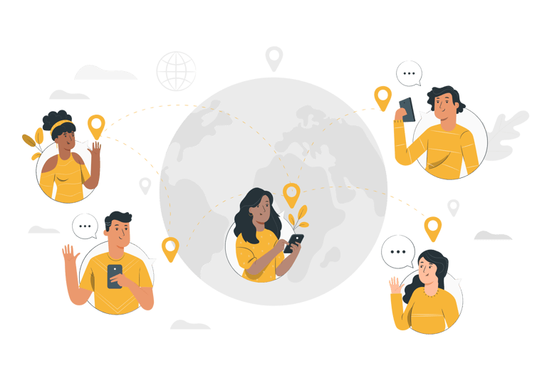 Flat illustration of people globally connected via smartphones on a world map.