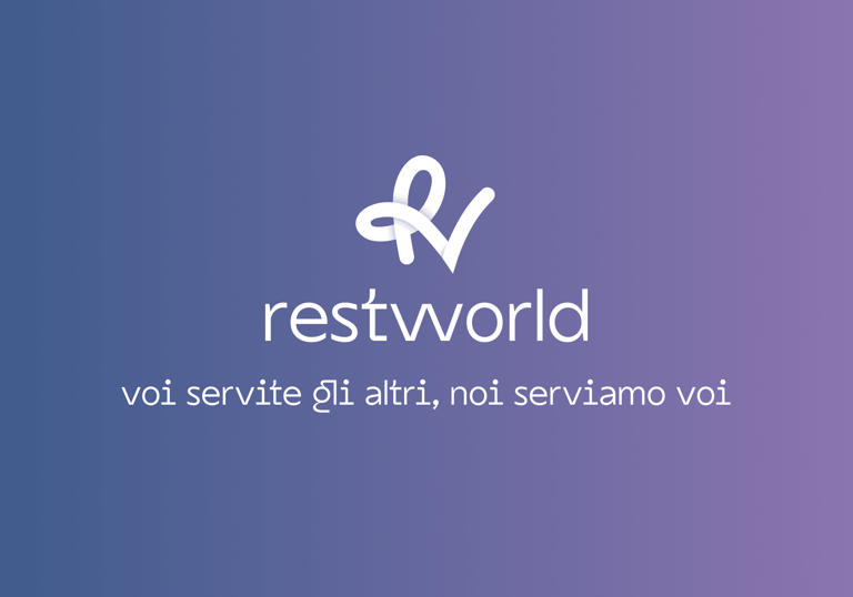 Restworld logo and slogan on a blue and purple gradient background for hospitality job recruitment.