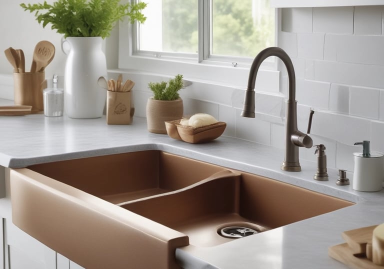 Modern kitchen and bathroom essentials displayed simply against white.