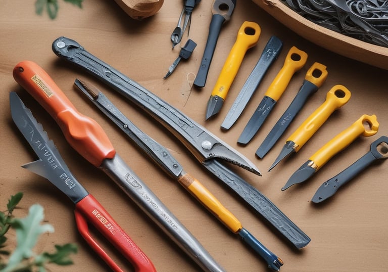 Close-up of sturdy hand tools arranged neatly on a white background.