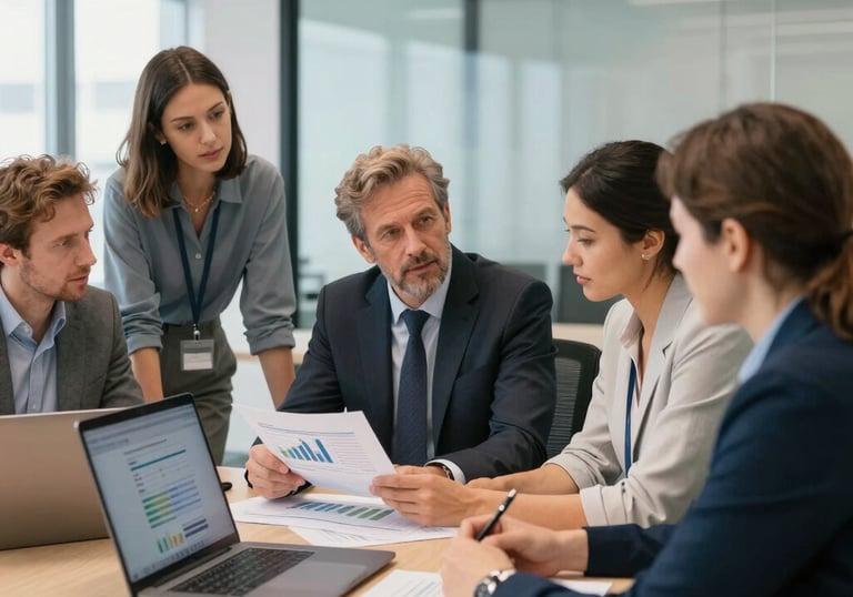 A diverse team collaborating around a table with digital devices and documents.