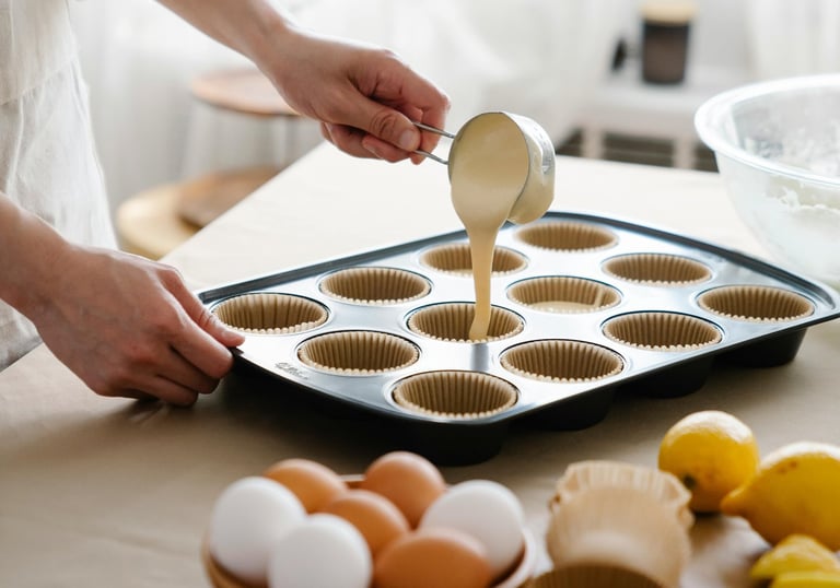 Panadero vertiendo masa para cupcakes en un molde para muffins con capacillos.