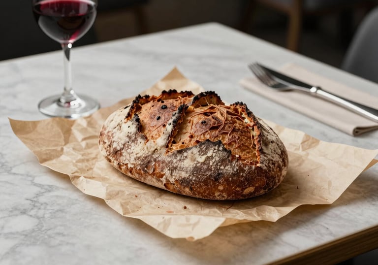 A crisp parchment-toned table setting with artisanal bread and wine, highlighting the sophisticated elegance of a modern European bistro at dusk.