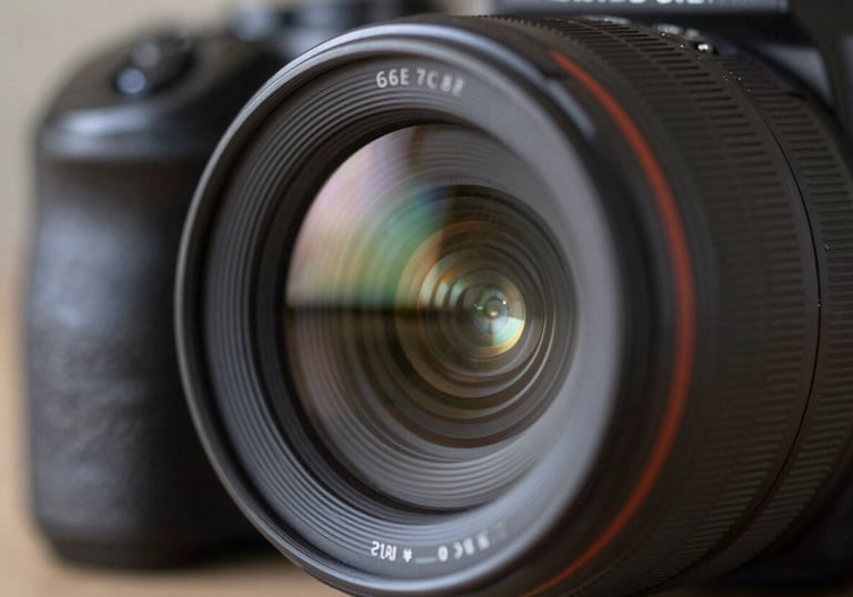 A close-up of a high-end camera lens capturing light reflections, representing photography and technical precision. The image follows a modern aesthetic with cool tones of #6E7C8B.