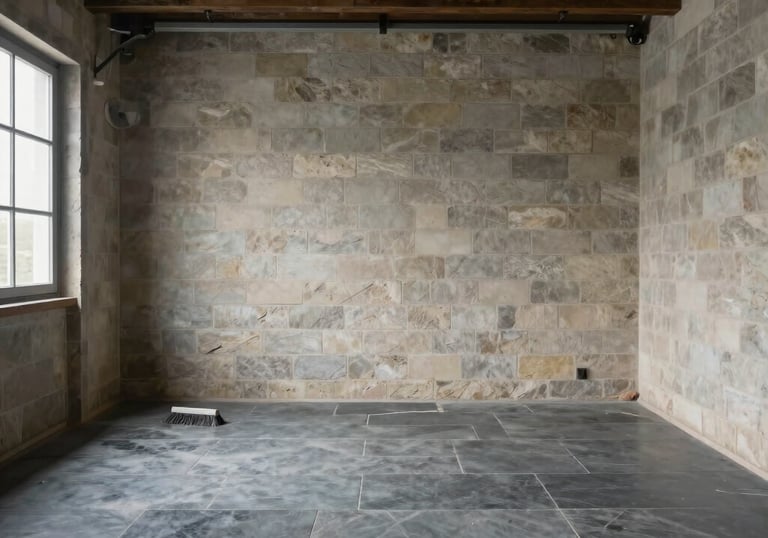 A clean and tidy garage interior in &Icirc;le-de-France after a complete decluttering service. The floor is swept, and the walls are clear of junk. Professional lighting showing a job well done in shades of stone gray and slate.