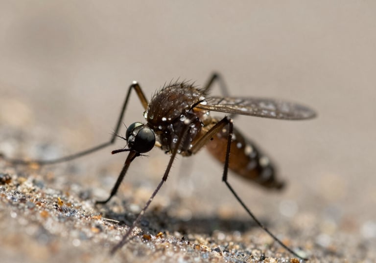 Close-up of a mosquito resting on a leaf, highlighting the focus on organic control.