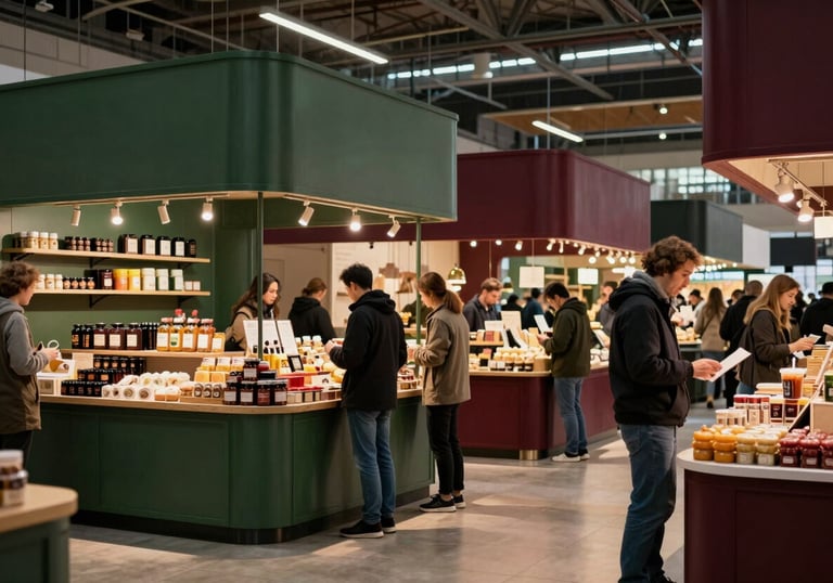 Wide shot of a bustling modern indoor food market with stalls featuring artisanal goods, warm lighting, and people interacting. Hints of matte forest green and deep ripe crimson in the stall decor.