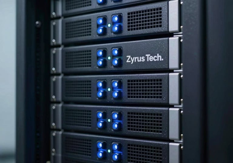 A close-up shot of a sleek server array with glowing electric blue indicators, highlighting the robust and advanced infrastructure behind Zyrus Tech.