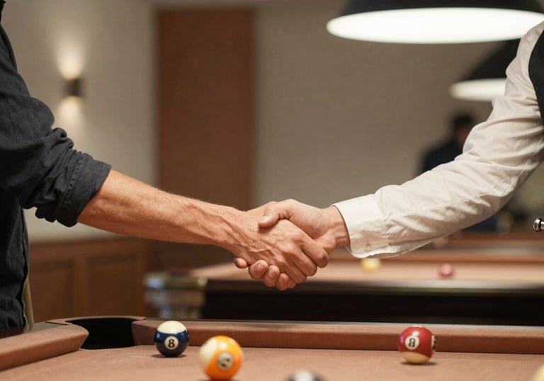 A candid photograph of two people shaking hands over a pool table after a match. They are surrounded by a warm, inviting atmosphere with soft cream and bronze accents in the background.