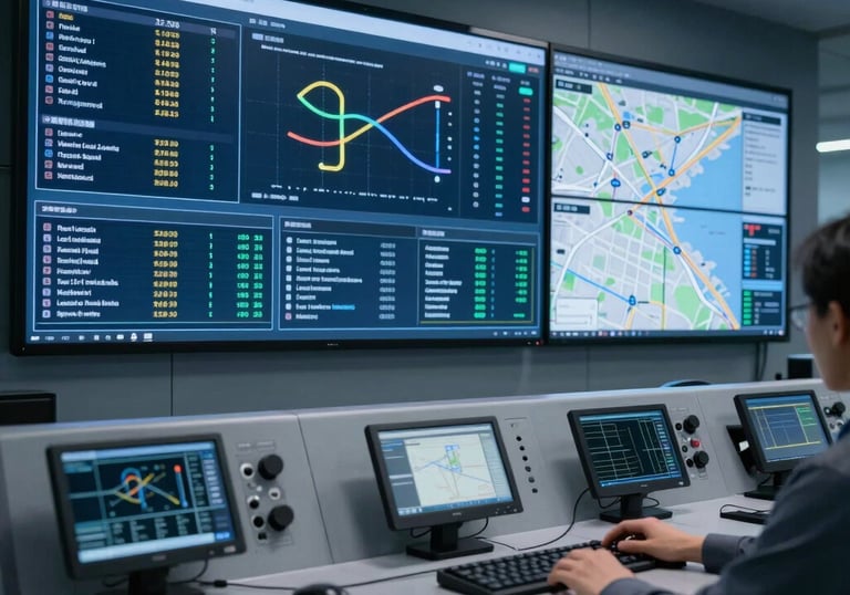 A high-tech control room with digital dashboard screens showing real-time logistics data and maps, professional and futuristic atmosphere, navy blue and slate blue lighting.