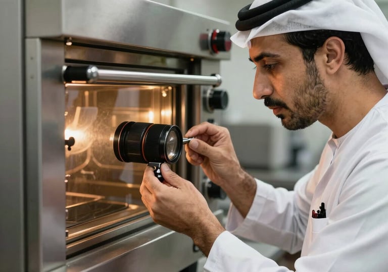 An expert technician attentively repairing a commercial-grade oven in a professional kitchen setting in the Middle Eastern / Gulf region.