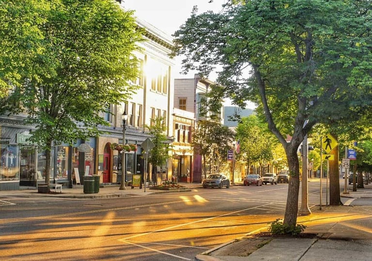 Sunny main street in a historic downtown district with lush green trees and parked cars.