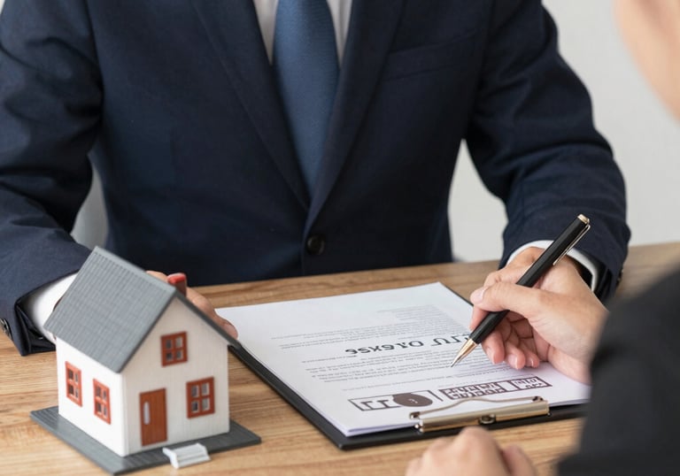 A friendly mortgage broker discussing options with a young couple in a cozy office.