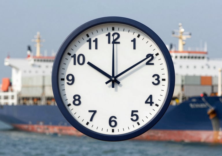 A high-precision analog clock layered over a blurry image of a cargo ship and trucks, symbolizing the critical nature of on-time delivery. Palette includes #0B1B2B and #F3F7FA.