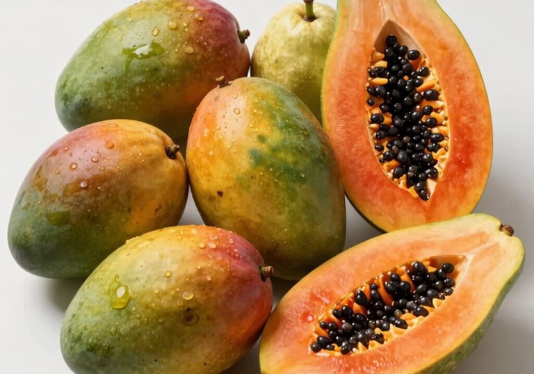 A vibrant composition of seasonal South American fruits including mangoes, papayas, and guavas arranged artistically in a clean, bright setting.