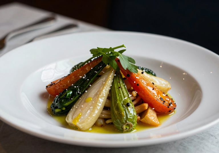 Close-up photography of a beautifully plated artisanal Portuguese dish in a Scandinavian-style restaurant. Soft side lighting highlighting the texture of fresh vegetables.