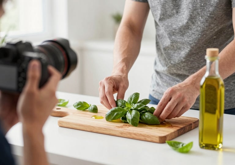 Photography of a professional photographer arranging fresh ingredients like basil and olive oil for a social media campaign photoshoot. Clean, bright, and professional setting.
